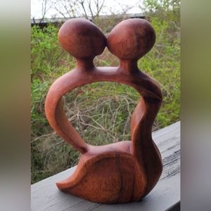 Balinese Romantic Wood Sculpture, 'Soulful Kiss'